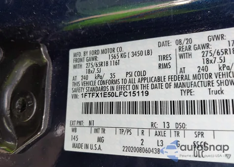 2020 Ford F-150 Xlt из США, поврежденный, VIN 1FTFX1E50LFC15119